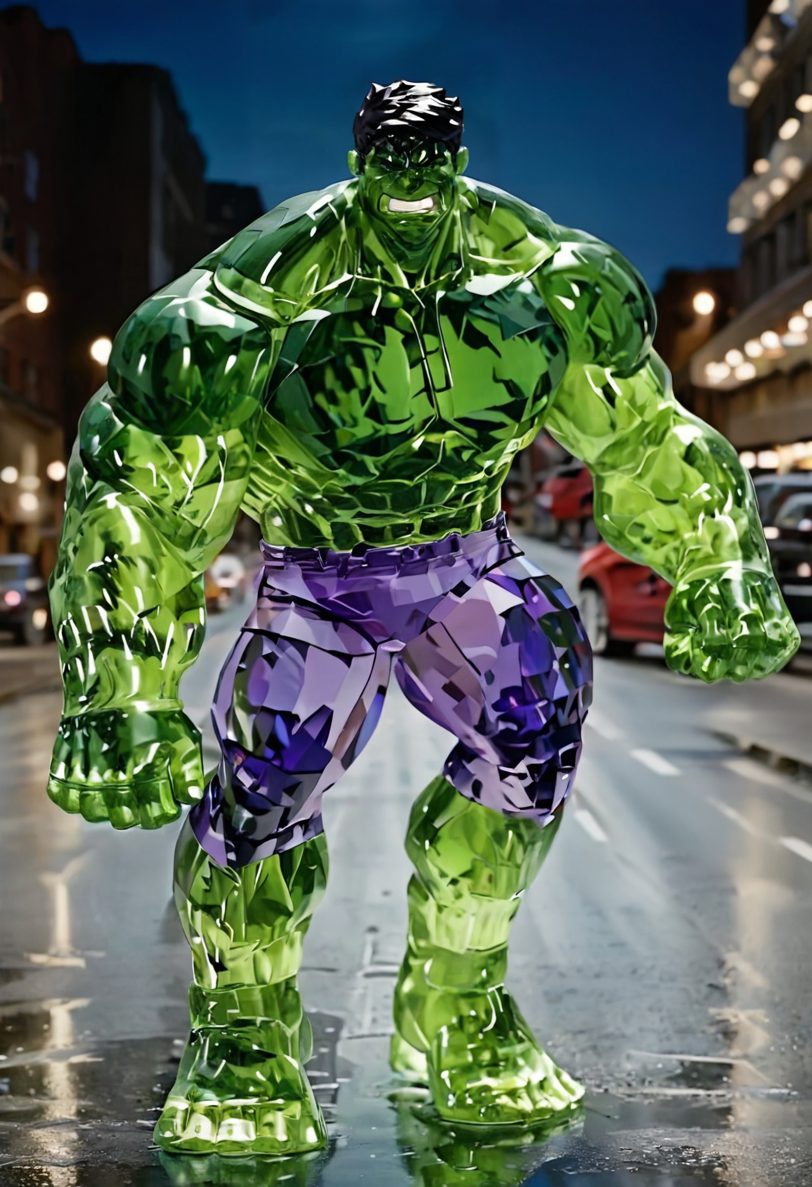 pamcrystal hulk on the street,night,heroic pose,realistic,highly detailed,realistic,lifelike,studio photo,highly detailed,colors,dynamic,cinematic,masterpiece,intricate,hdr