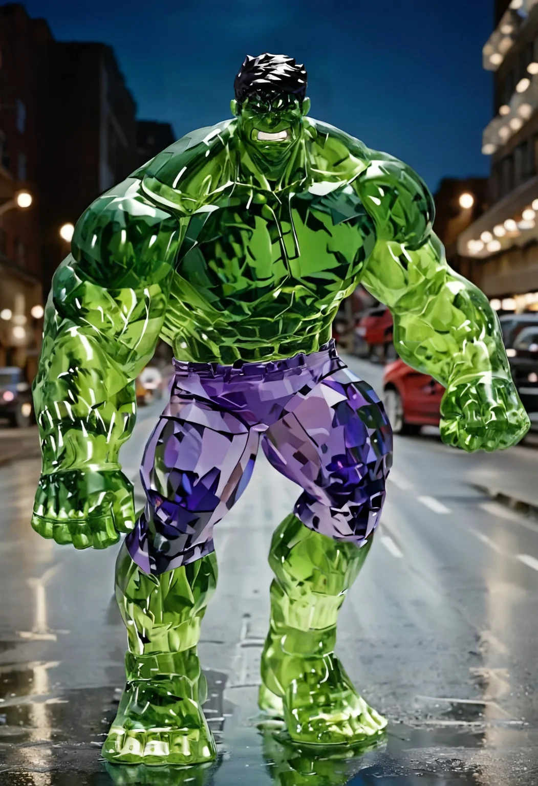 pamcrystal hulk on the street,night,heroic pose,realistic,highly detailed,realistic,lifelike,studio photo,highly detailed,colors,dynamic,cinematic,masterpiece,intricate,hdr