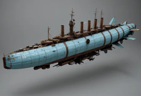 masterpiece, best_quality, very_aesthetic, highres, absurdres, ultra detailed, airship, battleship, steampunk, Victorian,
flying over Victorian city,
airship, vehicle focus, no humans, military vehicle, military, science fiction, aircraft flying, radio antenna, cannon, machinery,rocket launcher,
dark iron, (light blue vehicle),
spiral, pipe ,rivets, ,wire,