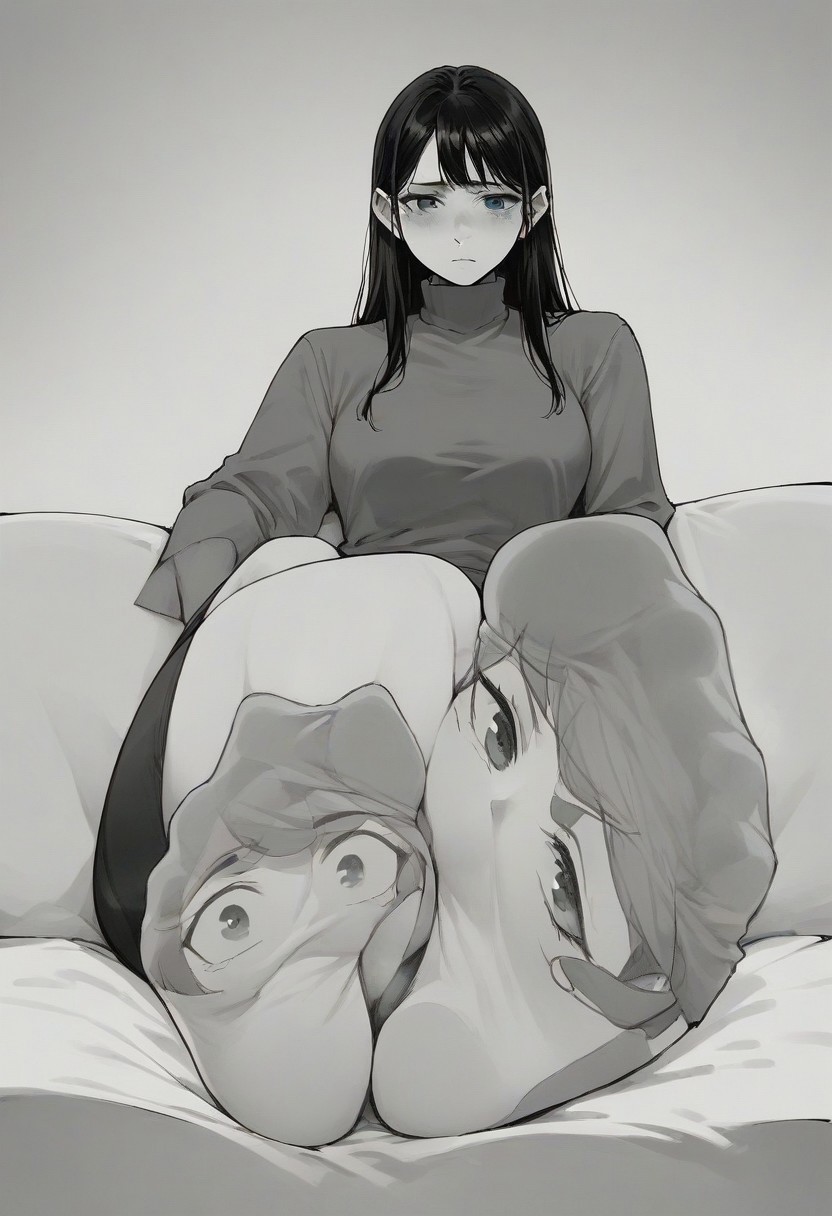 score_9, score_8_up, score_7_up, score_6_up, m4ng4, manga, monochrome, greyscale, (long hair:1.2), 1 panel, 1 frame, 1girl, comic, <lora:m4ng4XLP:1>, black hair, tired, computer, sole down, living socks, Socks have detailed eyes on instep of sock, foot focus,