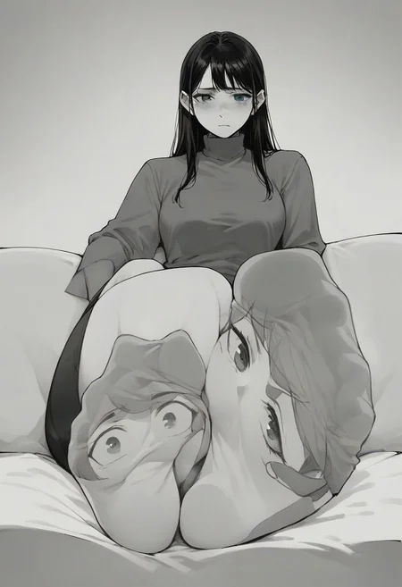 score_9, score_8_up, score_7_up, score_6_up, m4ng4, manga, monochrome, greyscale, (long hair:1.2), 1 panel, 1 frame, 1girl, comic, <lora:m4ng4XLP:1>, black hair, tired, computer, sole down, living socks, Socks have detailed eyes on instep of sock, foot focus,