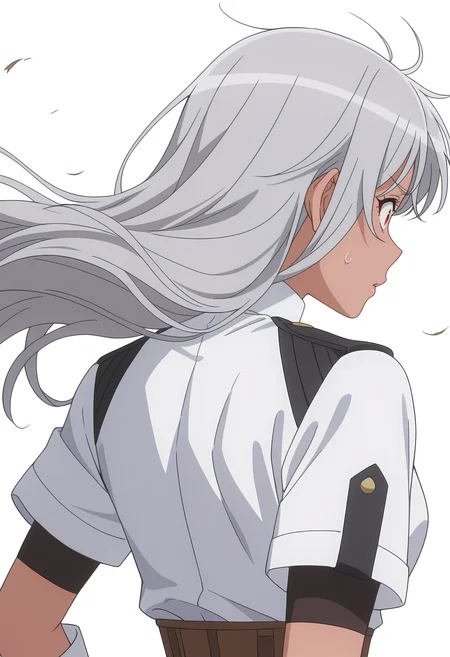 Smooth Quality,masterpiece, ultra realistic,
simple background, white background, 
from behind,horrified,wind, 
 <lora:AquaErisCnn:0.8>Aqua/Cnn, Sist/Cnn, long hair, 1girl, red eyes, dark-skinned female, uniform, grey hair, gloves,