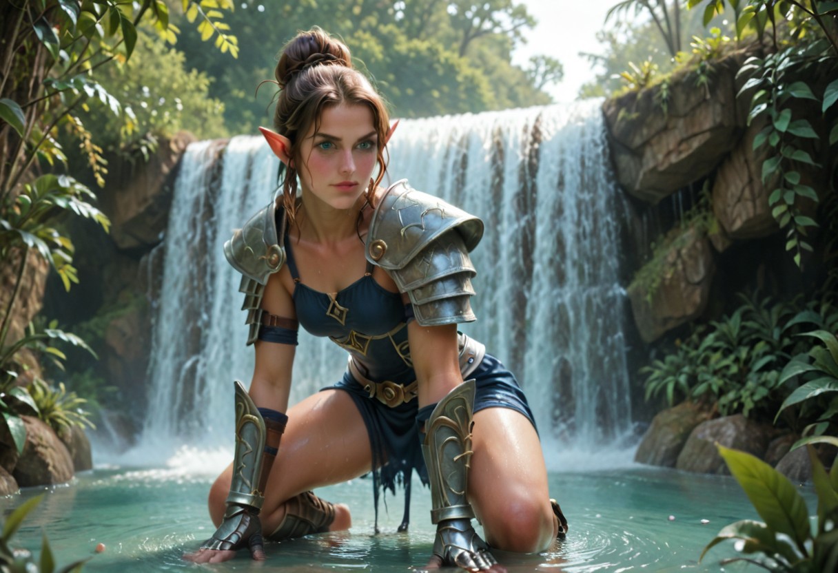 (aerial perspective), A quality photograph of a woman with elf ears , blue eyes and long, wet brown hair, tied in a messy bun, is crouched in a shallow stream. Her armor is intricately detailed, featuring silver and black steel plates with a mix of smooth and textured surfaces, and includes shoulder guards, gauntlets, and a breastplate with ornate engravings, she is gripping a large, double-edged silver sword with both hands.the sword shimmers in light. The background features a cascading waterfall surrounded by lush greenery, with water droplets suspended in mid-air. The scene exudes a sense of action and adventure, reminiscent of fantasy or historical settings.