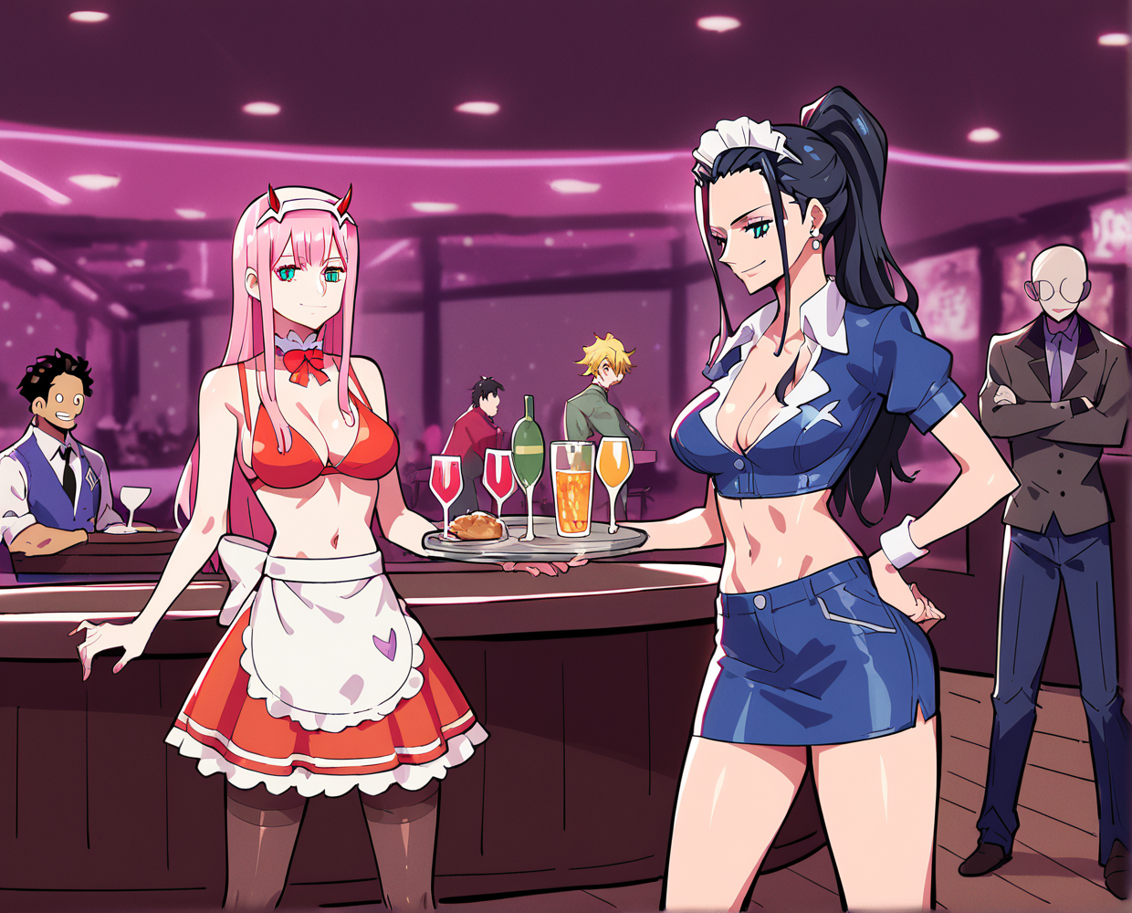 score_9, score_8_up, score_7_up, source_anime, BREAK multiple girls, 2boys, maid, holding tray, cowboy shot, private club, midriff, Zero Two (Darling in the Franxx), namo (one piece), nico robin, strip club, tables, chairs, <lora:Private_Club:1>, rating_questionable