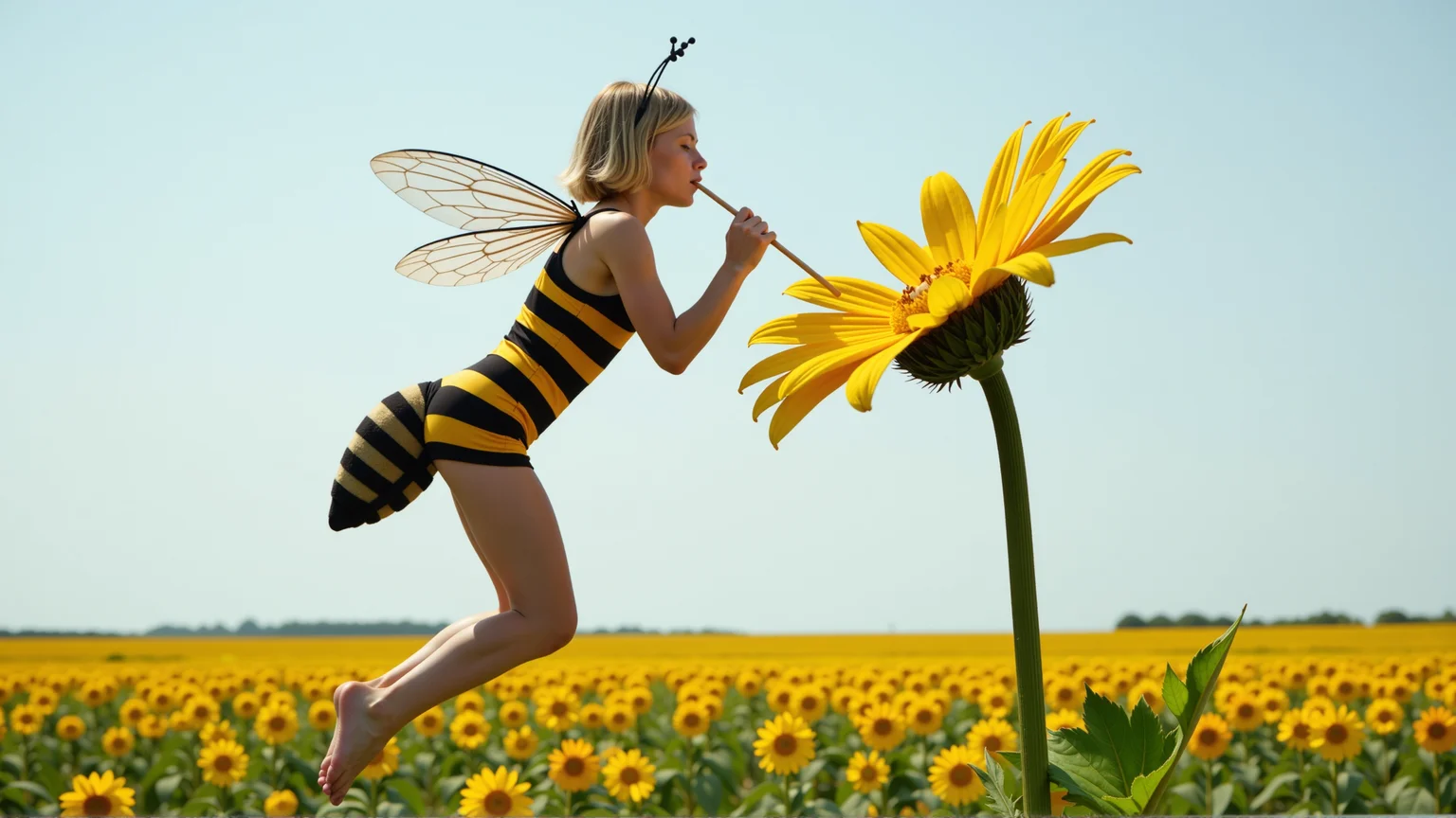 cinematic photo a (25 year old girl:1.5), she has huge bee wings attached to her back and bee antennae attached to her head, she's wearing a( black and yellow:1.2) horizontally striped figure hugging lycra minidress, the dress has a human sized (fuzzy bee abdomen attached sticking out at the butt:1.3)
she has blonde hair in a bob cut, she has a slim figure and long legs, she has medium sized breasts
she's hovering in midair in front of a enormous flower, the flower is bigger than the girl, ready to drink it's nectar through a long straw, the straw is held in her hand with the end (stuck into the flower:1.3)
she's in a meadow of enormous wild flowers,, score_9, score_8_up, score_7_up, hyperdetailed, hyperrealistic, best quality, (masterpiece:1.3),high-definition, intricate details, volumetric lighting, symmetrical face, level eyes, . 35mm photograph, film, bokeh, professional, 4k, highly detailed