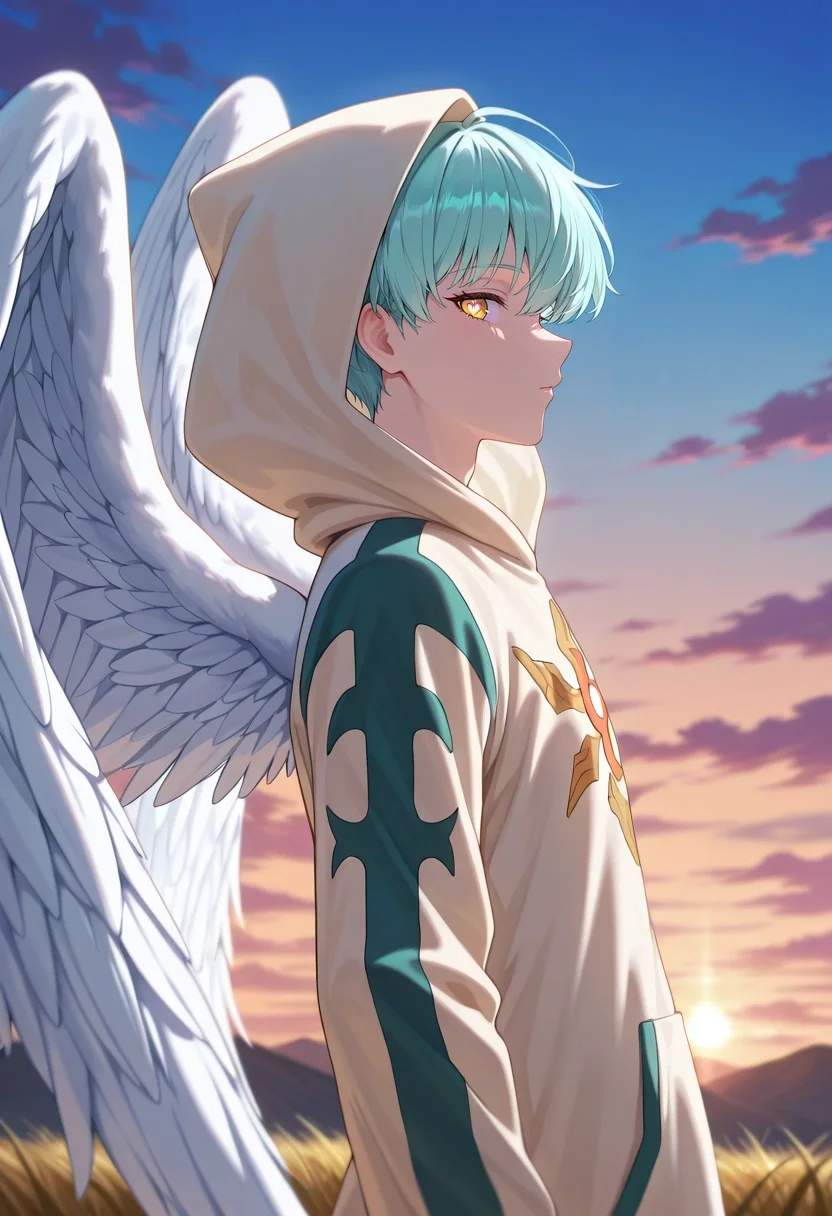 masterpiece, best quality, intricate details, , looking at viewer, 1boy, solo, male focus, <lora:sariel_nnt_ilxl:0.96>, sariel_nnt, aqua hair, yellow eyes, short hair, angel wings, feathered wings, hood, profile, prairie, dusk, arm at side, heart eyes, vandal costume