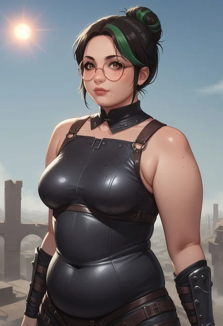A ((medium shot)) of a fierce warrior woman named Mixxxed standing defiantly in a ((post-apocalyptic cityscape)), with scattered ruins and a ((red sun)) setting behind her. She's clad in leather armor, a ((serrated blade)) at her hip, eyes glinting with a story of survival, score_9, source_anime, rating_safe, break mixxxed, mixxxedhair, glasses, round glasses