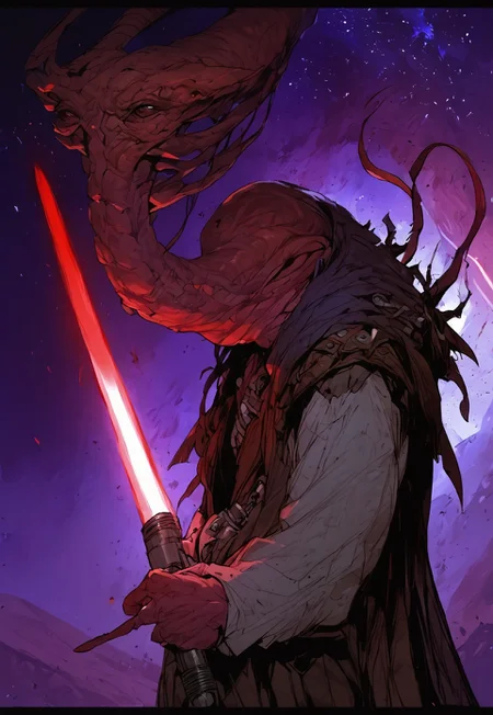 score_9, score_8_up, score_7_up, BREAK,
ithorian hammerhead alien on a space station, window showing stars and wormhole, dramatic lights, (((holding red lightsaber)))