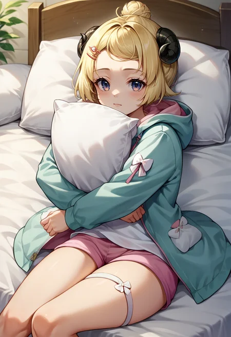 score_9, score_8_up, source_anime, 1girl, solo, WatameSleep, hair bun, hairclip, blue jacket, hooded jacket, white camisole, pink shorts, thigh strap, indoors, on bed, pillow, pillow hug, <lora:ChamTsunomakiWatamePonyXLV2:1>