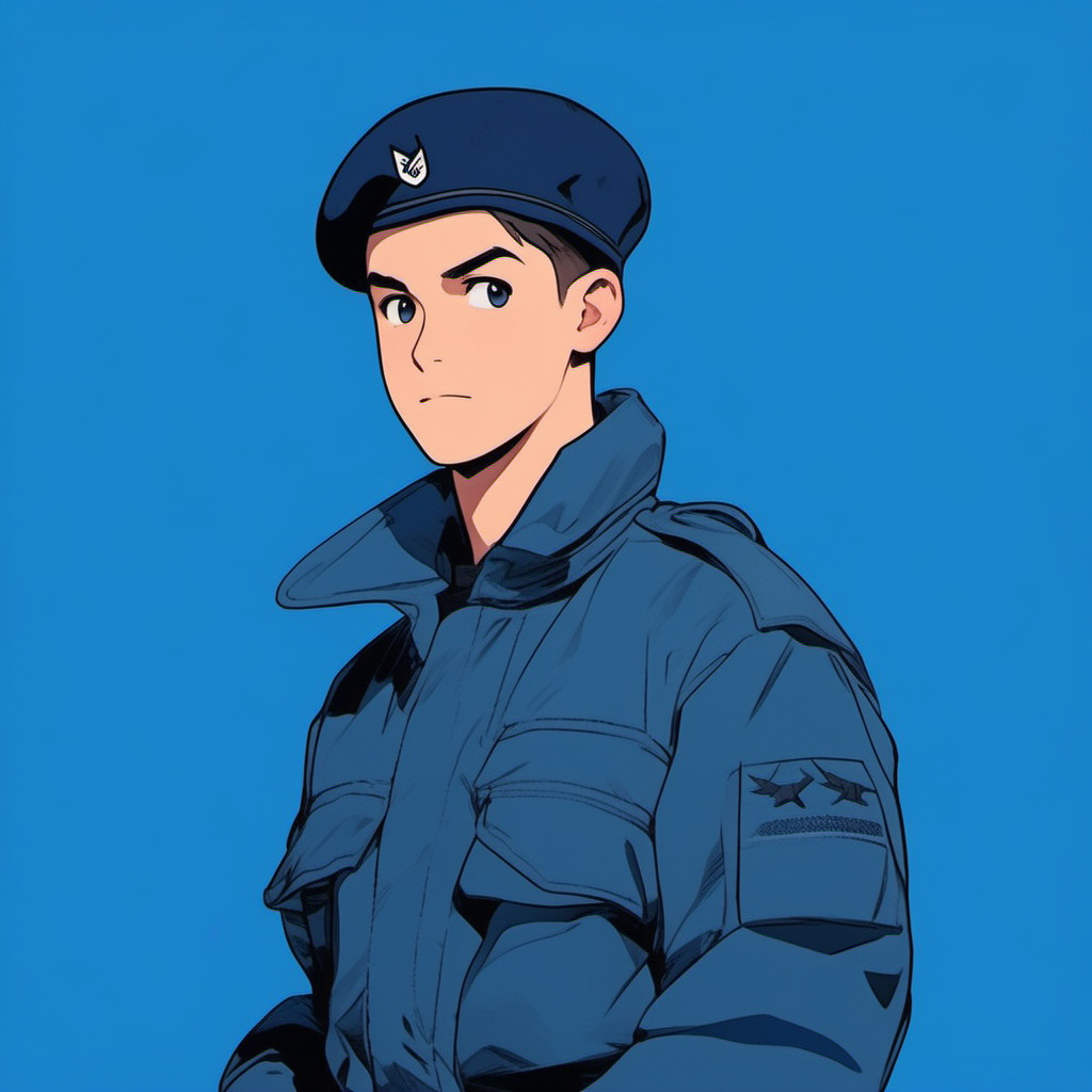 chillflat,handsome,1boy,look at viewer,front,(fighting pose),USAF coat,very short hair,beret,gradient blue background,thinking,excited,