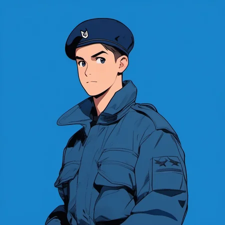 chillflat,handsome,1boy,look at viewer,front,(fighting pose),USAF coat,very short hair,beret,gradient blue background,thinking,excited,