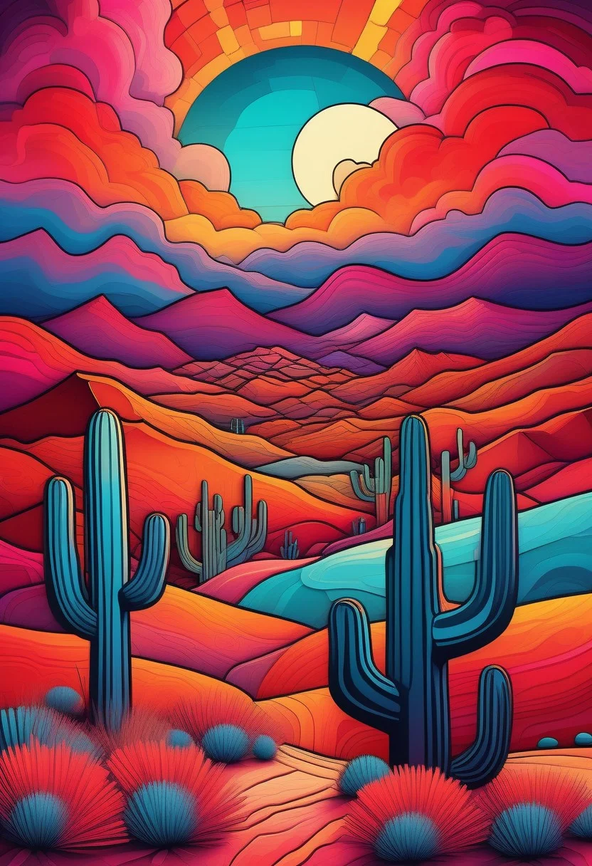 Rolling desert landscapes of the American Southwest in a vibrant psychedelic style, with bold, surreal colors separated by sharp black lines, creating a stained-glass effect. Towering red rock formations and mesas in the distance, stylized with vivid hues of orange, pink, and turquoise. Sparse desert vegetation like cacti and sagebrush rendered in exaggerated, kaleidoscopic patterns. A small pueblo-style village nestled in the valley, its adobe structures glowing with warm, earthy tones. The sun setting in a fragmented, geometric sky, casting a dreamlike glow over the scene. Highly detailed, surreal composition, inspired by psychedelic art and Southwestern aesthetics, 8K resolution, vivid and trippy yet harmonious color palette, a mesmerizing and otherworldly mood.