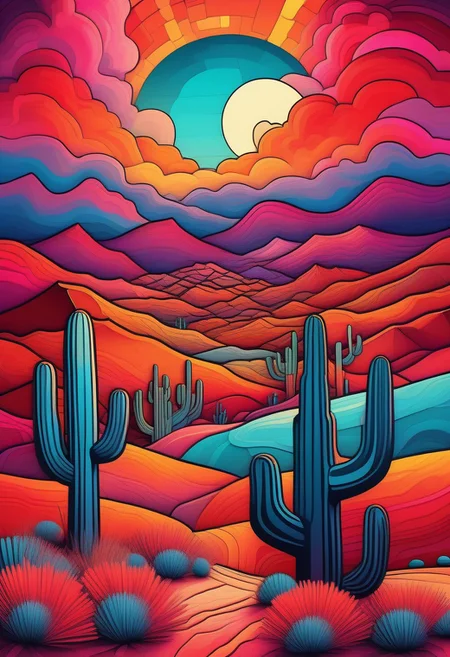 Rolling desert landscapes of the American Southwest in a vibrant psychedelic style, with bold, surreal colors separated by sharp black lines, creating a stained-glass effect. Towering red rock formations and mesas in the distance, stylized with vivid hues of orange, pink, and turquoise. Sparse desert vegetation like cacti and sagebrush rendered in exaggerated, kaleidoscopic patterns. A small pueblo-style village nestled in the valley, its adobe structures glowing with warm, earthy tones. The sun setting in a fragmented, geometric sky, casting a dreamlike glow over the scene. Highly detailed, surreal composition, inspired by psychedelic art and Southwestern aesthetics, 8K resolution, vivid and trippy yet harmonious color palette, a mesmerizing and otherworldly mood.