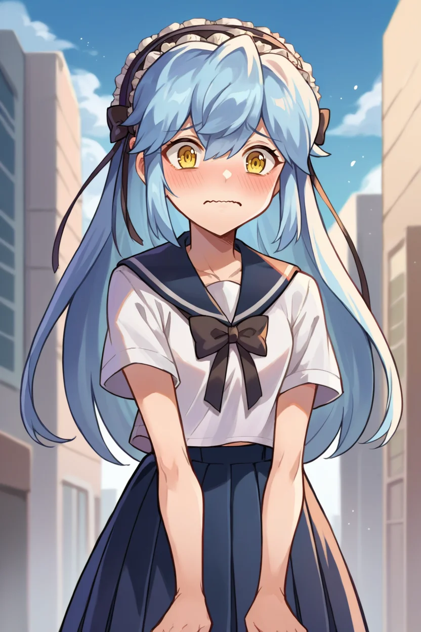 score_9, wisespeak, score_7_up, score_6_up, source_anime, 1girl, solo, <lora:xfkatrina-pdxl-nvwls-v1-000005:1> xfKatrina, blue hair, yellow eyes, long hair, hairband, white t-shirt, sailor collar, bowtie, pleated skirt, blush, wavy mouth, city, blue sky