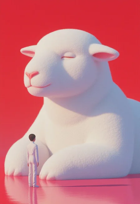 (dreamy_fantasy:1.3), This is a digital artwork in a surreal, hyper-realistic style. The image features a large, white sheep-like creature with a smooth, glossy texture and exaggerated proportions. The creature's head is disproportionately large, with soft, spiraling horns that curve outward, giving it a majestic and otherworldly appearance. Its eyes are closed, and it appears to be sleeping or resting, with a serene expression. The creature's body is massive and rounded, its wool perfectly smooth and almost abstract in form, dominating the foreground.
In the background, the sky is a deep, rich red, creating a striking contrast with the white creature. The ground reflects this same deep red hue, enhancing the dreamlike atmosphere and making the scene feel both alien and calming. The creature's reflection is visible in the red ground, adding depth and a surreal sense of scale to the composition.
A small, human figure stands in front of the creature, facing away from the viewer. The person has a slender build and is dressed in a simple, white outfit, which contrasts sharply with the creature's color. Their short, dark hair is visible, and they appear to be gazing up at the creature with a sense of awe or curiosity.
The overall composition is symmetrical and balanced, with the human figure centered and the sheep-like creature dominating the left side. The image is rich in color and texture, creating an atmosphere that blends the fantastical with a sense of peace and wonder.