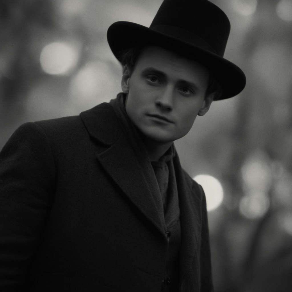 cinematic film still of <lora:rotated view Style:1>
rotated view, a man in a top hat and coat,solo,1boy,hat,monochrome,greyscale,male focus,realistic,Dutch Angle Style,Dutch tilt Style,canted angle Style,or oblique angle Style,cinematic film look,dramatic light , rotated view, shallow depth of field, vignette, highly detailed, high budget, bokeh, cinemascope, moody, epic, gorgeous, film grain, grainy