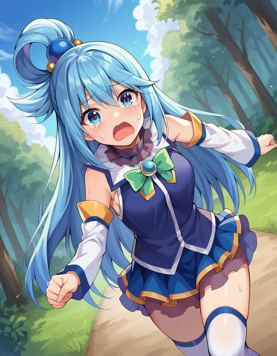score_9, score_8_up, score_7_up, source_anime,
konosubaaqua, <lora:konosuba-aqua-ponyxl-lora-nochekaiser:1>,
aqua, long hair, blue eyes, hair ornament, very long hair, blue hair, hair rings, single hair ring, hair bobbles,
skirt, shirt, thighhighs, bare shoulders, detached sleeves, white thighhighs, blue skirt, blue shirt, green bow,
outdoors, forest, monsters, goblins, crying, open mouth, running,
looking at viewer, cowboy shot, dutch angle,