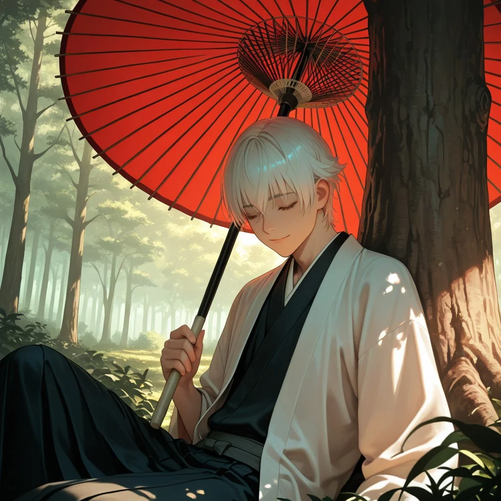 masterpiece, best quality, amazing quality, absurdres, newest, detailed background, definition so sharp, Ultra-HD, 8K cinematic, very awa, impressionate, amazing quality, highres,
solo, male focus, manly,
yashiroisana, 1boy, short hair, bangs, shiro_white hair, shiro_brown eyes, oil-paper umbrella, sitting, leaning against a tree, light smile, closed eyes, calm, forest, dappled light, sunbeams, aesthetic, serene, joyful, peaceful