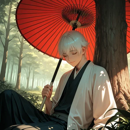 masterpiece, best quality, amazing quality, absurdres, newest, detailed background, definition so sharp, Ultra-HD, 8K cinematic, very awa, impressionate, amazing quality, highres,
solo, male focus, manly,
yashiroisana, 1boy, short hair, bangs, shiro_white hair, shiro_brown eyes, oil-paper umbrella, sitting, leaning against a tree, light smile, closed eyes, calm, forest, dappled light, sunbeams, aesthetic, serene, joyful, peaceful