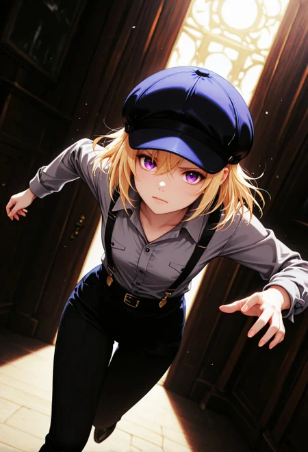 <lora:Jill Savelle:0.9>, CDE_JE,purple eyes,medium hair,blonde hair,hair between eyes, boyish, grey shirt,hat,cabbie hat,black pants,black suspenders,
general, dutch angle, from front,, dynamic pose,
masterpiece, best quality, absurdres, highres, very aesthetic, high quality, detailed, insanely detailed, beautiful, high saturation, high contrast,
(photo background:0.3), depth of field,
<lora:noobai_vpred_1_masterpieces_v1:1>, very awa,
<lora:noob1.1-lineart_adjust1-mki:-0.5>,
<lora:IllustriousTweakerLora_v4-detail_1457119:0.8>, <lora:LECO_StickClotch:1.5>, <lora:LECO_Particles:1>,