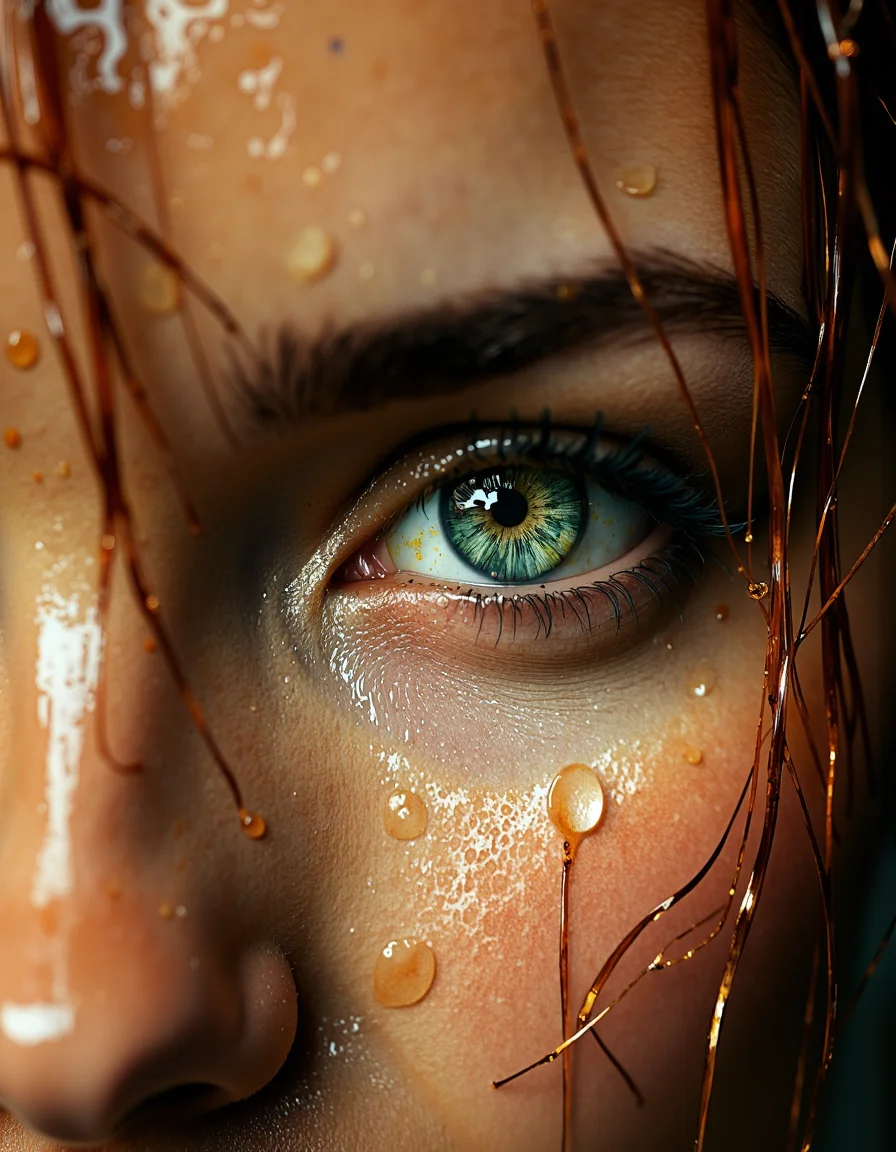 a hyper-realistic, extreme close-up of a beautiful woman's face, focusing on the intense detail of their bright green eye with beautiful long eyelashed with detailed eyeliner. The intricate eye should have vivid, emerald tones with flecks of gold around the iris, capturing light in a way that draws immediate attention. The skin is wet, covered in water droplets that reflect light and enhance the natural texture. Strands of wet, reddish-brown hair cling to the face, adding depth and framing the eye. The overall color palette is warm, with subtle contrasts that emphasize the eyeâs vibrancy against the softer tones of the skin. The expression should convey a sense of intensity and introspection, as if the person has been caught in the rain or is emerging from water. Use a shallow depth of field to blur the background and keep the focus entirely on the face, capturing every minute detail of the skin, hair, and eye to evoke a sense of immediacy and emotional depth.