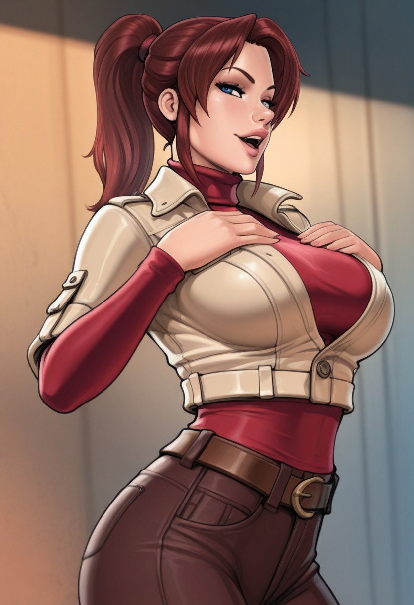 Masterpiece, realistic, reiq_styleil, sexy body, hot body, Big boobs, dynamic pose, 1girl, REClaire, ponytail, reddish brown hair, blue eyes, red turtleneck, beige jacket, long red sleeves, dark Brown pants, belt, seductive smile, Open mouth, Hands on breast