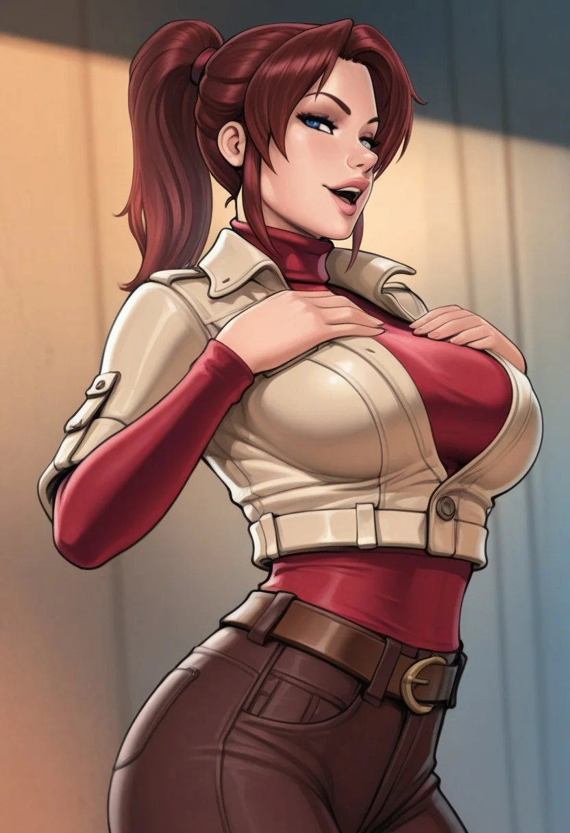 Masterpiece, realistic, reiq_styleil, sexy body, hot body, Big boobs, dynamic pose, 1girl, REClaire, ponytail, reddish brown hair, blue eyes, red turtleneck, beige jacket, long red sleeves, dark Brown pants, belt, seductive smile, Open mouth, Hands on breast