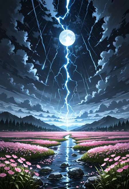 masterpiece, best quality, sky, cloud, water, tree, no_people, sunlight, grass, cloudy_sky, landscape, nature, pink_flower, light_rays, field, flower_field, lightning, meadow, A dramatic aerial scene depicting a field of pink cosmos flowers under a dramatic sky filled with dark, stormy clouds and lightning. The sky is filled with dramatic, ominous clouds and lightning from the sky creating a dramatic and tense atmosphere. The flowers are blooming, some are still in the process of blooming, The field stretches into the distance, several trees are visible in the background, the colors blend creating a sense of depth and dimension. flower, pink flower, tree, landscape, nature, grass, cloudy sky, pink flowers, lightning, outdoors, water, night, sunlight, cloudy_sky, night_sky, starry_sky, rock, mountain, road, sunbeam, planet, river, waves, coast, A stunning digital illustration, shot from below, of a dramatic landscape with a large, glowing planet and a river flowing through it, against a dark, stormy sky. Dramatic clouds and distant mountains in the distance. In the middle of the image, the rocky landscape appears barren, with a river flowing through it. The sky is filled with dark, ominous clouds and above the planet, a bright, glowing moon is visible, casting rays of light that create a dramatic effect. The water is calm and reflects the light of the moon, enhancing the dramatic atmosphere. solo, sky, cloud, water, no people, mountain, river, cloudy sky, meteor shower