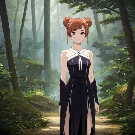 <lora:FBJE_LaufenXLIllustrious003>,
masterpiece,best quality,good quality,newest,
detailed background,nature,
looking at viewer,
solo,
Laufen,1girl,brown hair,short hair,double bun,brown eyes,yellow hairornament,
black dress,bare shoulders,
gloves,
pelvic curtain,
standing,