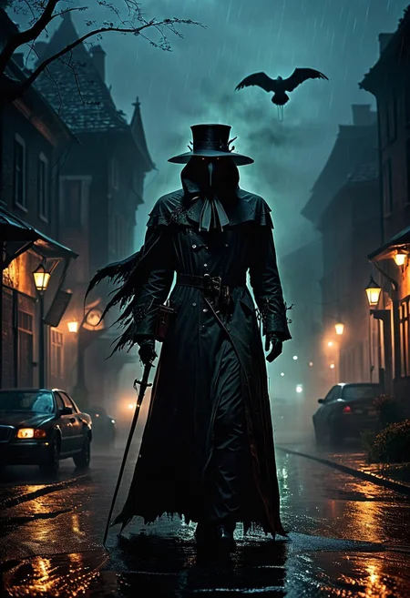the horrors of the night, scary, demon, whispers in the night, midnight, fog, rain, plague doctor
