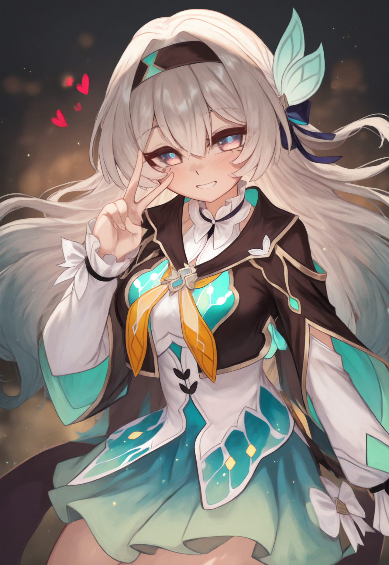 m0 chi,  (dynamic action, cinematic illustration, dynamic angle,) pixiv fantasia,
1girl, firefly \(honkai: star rail\), smile, looking at viewer, love, looking at viewer, parted lips, heart, hand up, v, cowboy shot,
blurry background, light particles,
masterpiece, best quality, amazing quality, [[very aesthetic]], <lora:m0_chi:1>