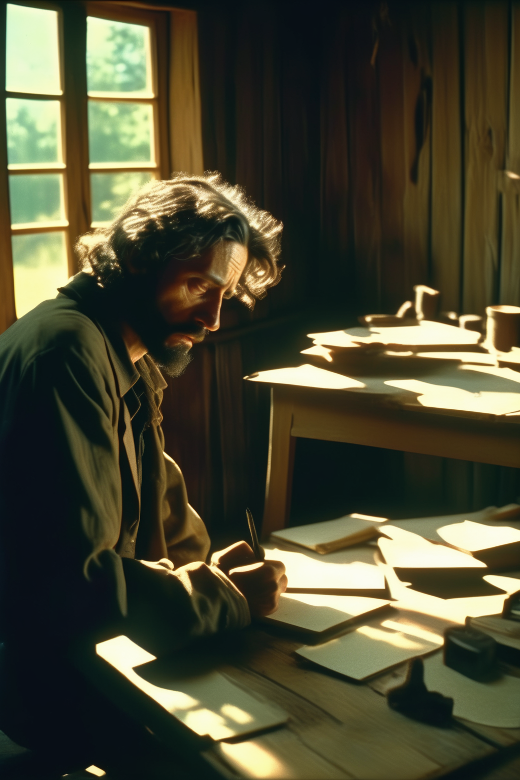<lora:Director Coen Brothers style:1>Director Coen Brothers style - An glauber rocha film, 35mm film still shot on Kodachrome, worn out writting in a diary, in front of a desk in a wooden room, in the style of disfigured forms, natural light, inside, german expressionism, dark silver and light bronze, depiction of rural life. he is daydreaming.