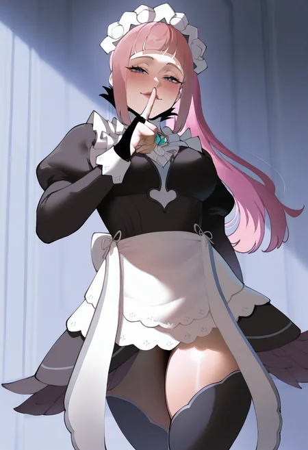masterpiece, best quality, hires, absurdres, newest, 1girl, solo, <lora:thiccwithaq-artist-richy-v1_ixl:1>  <lora:felicia-fe-richy-v1_ixl:1> f1cdf, blue eyes, pink hair, long hair, ponytail, sidelocks, blunt bangs, maid headdress, black feathered collar, blue brooch, medium breasts, maid, juliet sleeves, maid apron, bridal gauntlets, black thighhighs, black dress, thighs, standing, looking at viewer, lips, shushing, seductive smile, indoors, dark, darkness, blush, from below