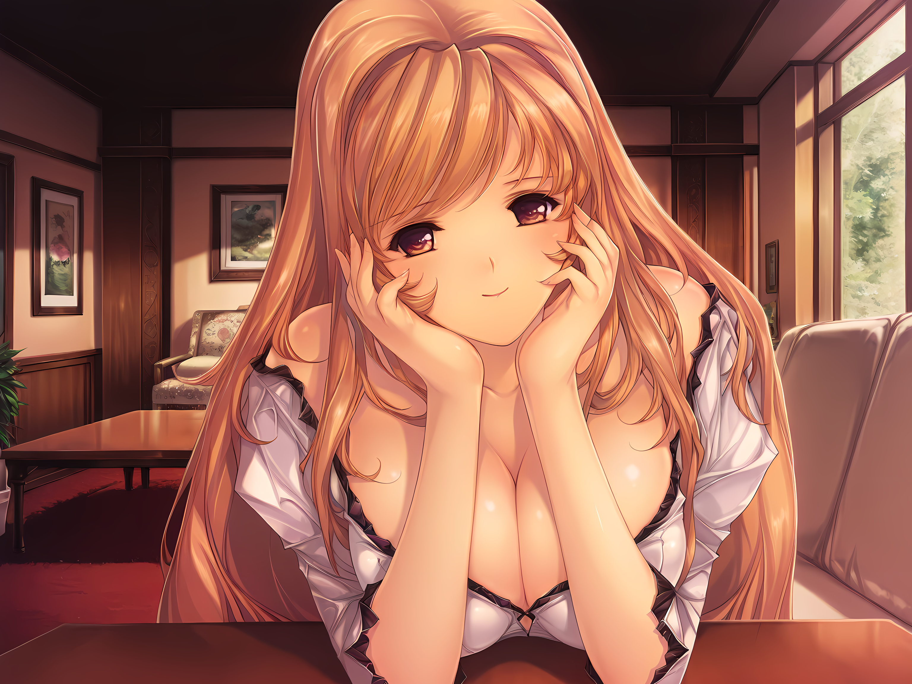 <lora:Oyako_Rankan_Illustrious:1>,1girl,solo,kotone,min-naraken,ksd outfit,looking at viewer,large breasts,sitting,smile,hands on own cheeks,arm support,elbows on table,breasts squeezed together,eye focus,table,living room,day,, masterpiece,best quality,amazing quality,