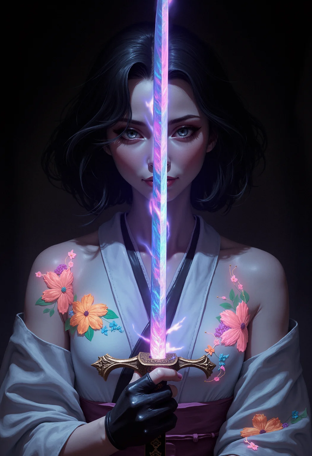 A young woman with shoulder-length wavy black hair is shown from the torso up, holding a glowing katana in front of her. She is wearing a traditional kimono that is white with iridescent, vibrant floral patterns in shades of pink, orange, blue, and green. The katana has a glowing, rainbow-colored blade, with the hilt held firmly in both her hands. Her right hand, visible and ungloved, grips the handle near the bottom, while her left hand, wearing a black glove, is placed near the guard. Her expression is calm, her gaze lowered. The kimono drapes softly over her form, and colorful, ethereal flowers seem to emerge from the fabric. The background is dark and minimal, which contrasts sharply with the vibrant light coming from the sword and the glowing floral patterns on her clothing. The lighting emphasizes the soft glow of the sword and flowers, creating a magical, serene atmosphere. The perspective is a close-up shot focusing on the upper half of her body, highlighting the intricate details of her kimono and the vibrant, colorful light effects. <lora:dark_fantasy_flux:0.83> <lora:FredFraiStyle-FLUX-Share:0.63> <lora:sxz-Dark-Fantasy-v2-Flux:0.33> drkfnts style,