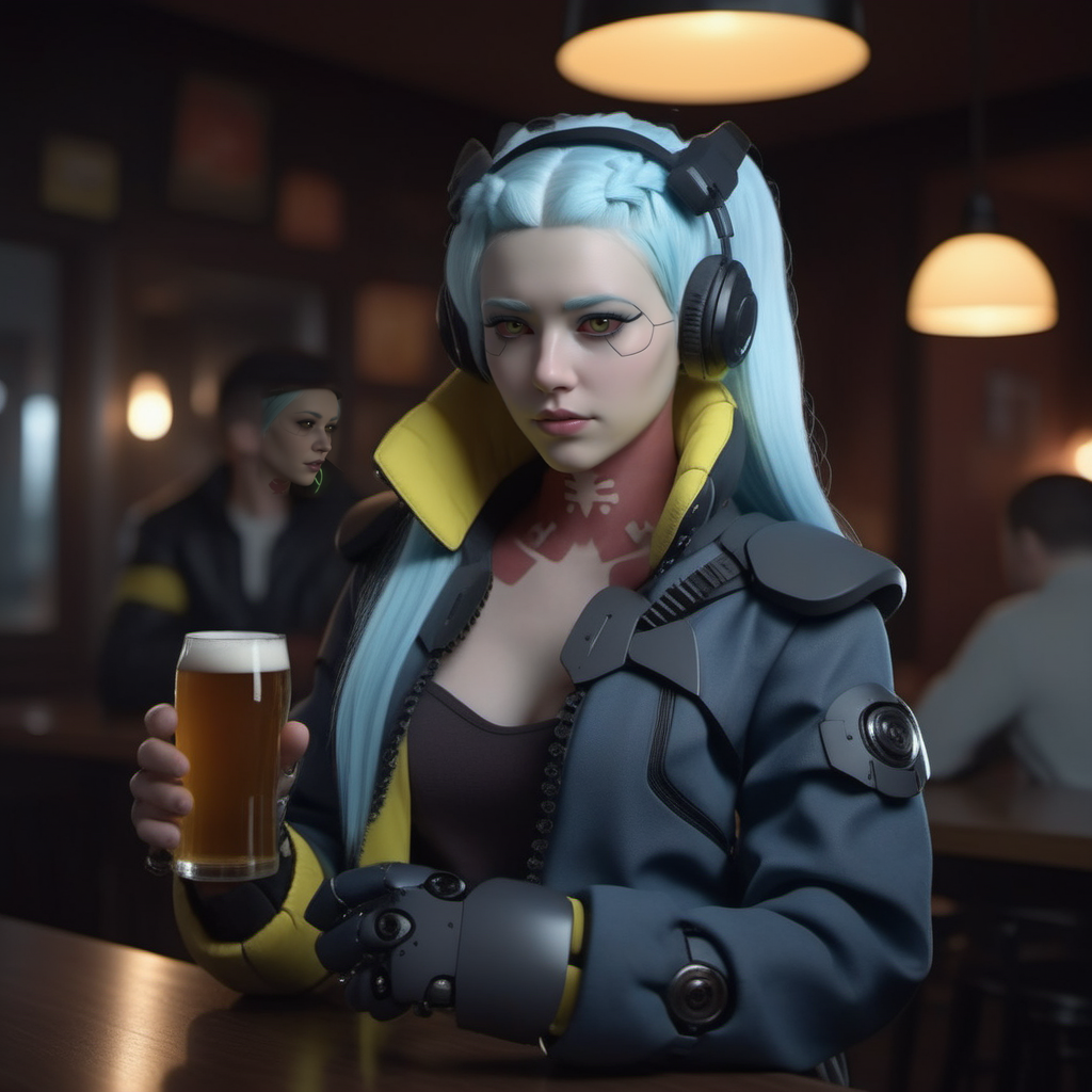 a woman with light blue skin, ligh blue hair, long pigtails,  wears a jacket, headphones, robotic big fists, having a beer in a pub with a man, highly detailed, photography, ultra sharp, film, bokeh, professional, 64k <lora:Rebecca1024:0.8>
