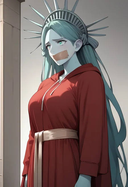 score_9, score_8_up, score_7_up, source_anime, (1girl), (solo:1.5), (Sexy, busty), (very long hair)+++, ((personification1.2) of the Statue Of Liberty), (tape gag, duct tape), sad, (H4NDM41D:1.3), aqua eyes, aqua skin, colored skin, metallic skin, aqua hair, (red dress, red robe, long sleeves), dress, hooded robe, blue skin, thighs, large breasts, colored skin, thick thighs,