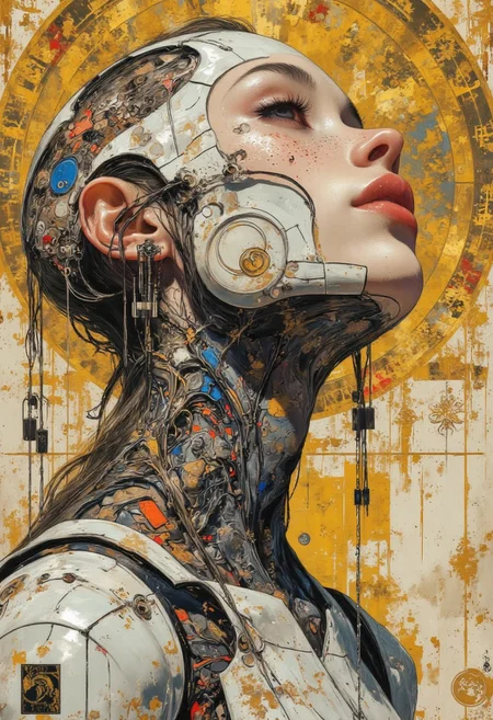 impressionist classical-style painting of a highly detailed, fantasy scene with a dramatic, robotic aesthetic. The central figure is a female robot. Her head and body are made of white, shiny and smooth metal with multi-colored, exposed wiring going down her neck creating an organic mosaic pattern. She is a biomechanical robot and there are wires jacked into her face. , WLOP, Moebius, H.R. Giger, Royo, warm colors, hyperrealism, digital illustration, demons, intricate, vapor, fantasycore, beautiful, complex, ethereal, golden ratio, holographic astral cosmic illustration mixed media by Pablo Amaringo