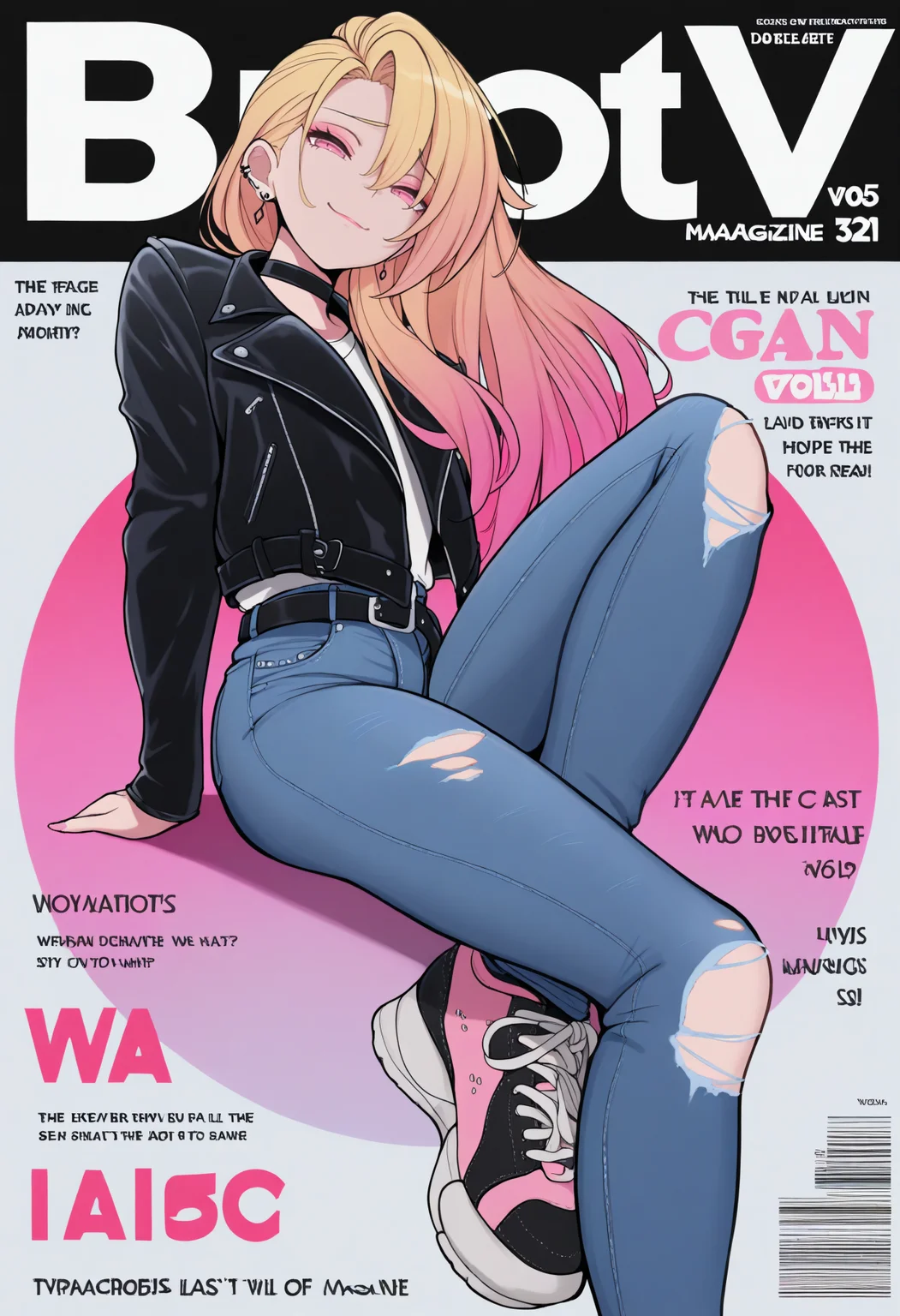 masterpiece, best quality, 1girl, solo, blonde hair, gradient hair, long hair, pink eyes, makeup, earrings, leather jacket, open jacket, black choker, jeans, torn jeans, black belt, sneakers, sitting, invisible chair, smile, smug, magazine cover, pose, dynamic pose, photo shoot