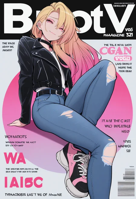 masterpiece, best quality, 1girl, solo, blonde hair, gradient hair, long hair, pink eyes, makeup, earrings, leather jacket, open jacket, black choker, jeans, torn jeans, black belt, sneakers, sitting, invisible chair, smile, smug, magazine cover, pose, dynamic pose, photo shoot