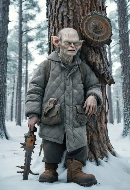 Gollum from "The Lord of the Rings", a small, thin creature with a large bald head and elongated ears. He is dressed in a gray quilted jacket, a fur hat with earflaps and felt boots. In his hands, the creature holds an old chainsaw, from which comes thick exhaust. The action takes place in a snowy pine forest of Siberia, against the backdrop of snowdrifts and a frosty winter sky. A huge pine trunk, covered in frost, cracks under the pressure of the saw. The Lord of the Rings style
