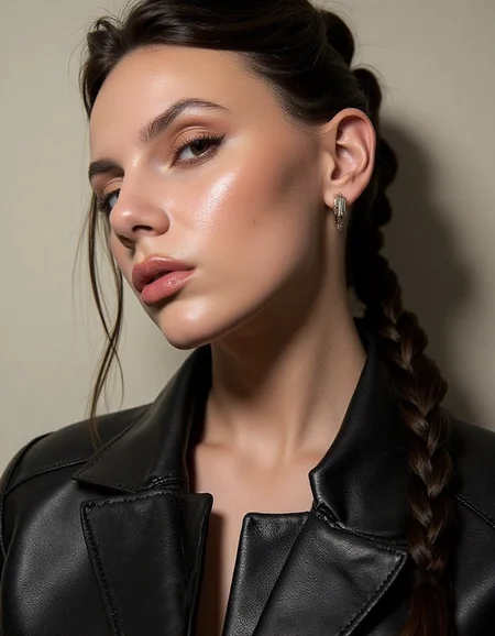 Close up of Dafne Keen a young woman wearing a black leather jacket and earrings, with her long hair styled in a fishtail braid. The background of the image is a wall. large hips