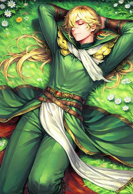 rdf02, GOHAXI, 1boy, male focus, hair over one eye, long hair, blonde hair, tied hair, white neckerchief, (gold shoulder armor, pteruges), (green tailcoat, high collar, gold trim), (pelvic curtain, gold trim), green pants, brown belts, solo, masterpiece, best quality, absurdres, outdoors, lying down, hands behind head, eyes closed, grass, flowers, from above