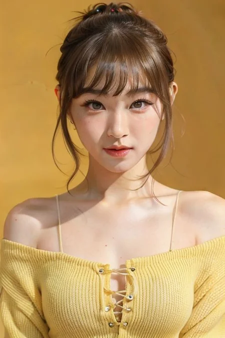 analog photo, a cute girl, 26 years old, (masterpiece yellow style, best quality, day:1.3), a cute han chinese girl, portrait-type, salmon, burly, envious, honey blonde pixie cut with bangs, eye shadow