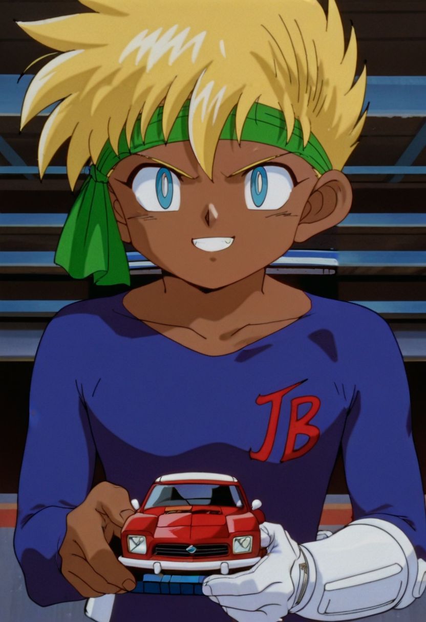 masterpiece, best quality, anime coloring, anime style, 1boy, standing, looking at viewer, upper body, close up, young boy, holding a toy car, solo, grin, 
 <lora:J:1>, Ja1, blue eyes, dark skin, blonde hair, hairband, single white gauntlet, bodysuit, retro artstyle, bakusou kyoudai let's & go!!,