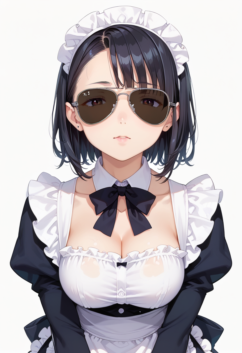 score_9, score_8_up, score_7_up, rating_safe, masterpiece, best quality, absurdres, unity 8k wallpaper, official art, official style, source_anime, uncensored, game cg, megami magazine,
1girl, solo, black hair, medium hair, upper body, maid, maid headdress, black dress, maid apron,
sg-AVIATOR, sunglasses, dark-tinted eyewear, covered eyes, white background, simple background, grey-framed eyewear
 <lora:glasses_aviator_PONY_V2:1>
