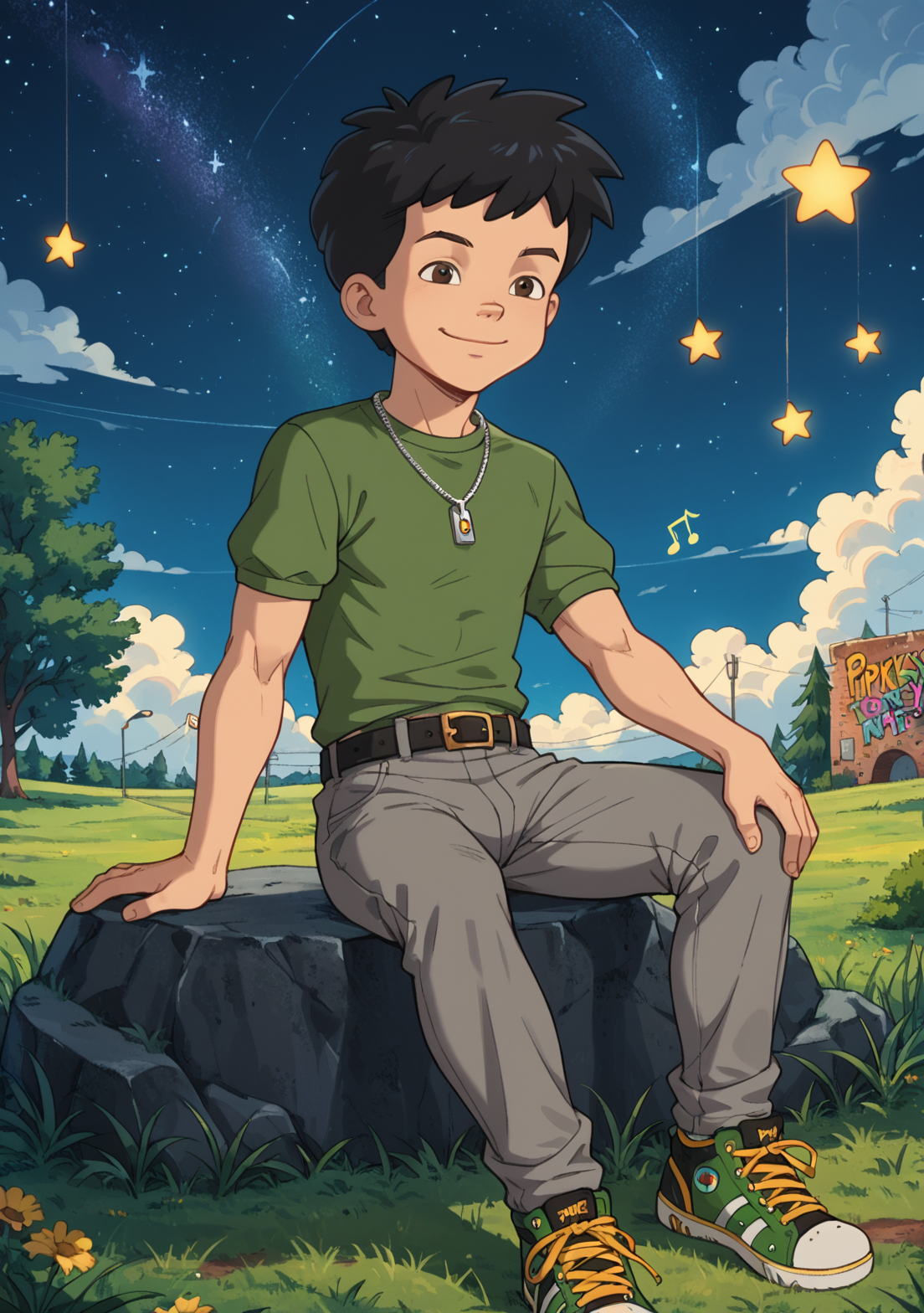 score_9, score_8_up, score_7_up, source_cartoon, Max_(Dragon Tales), 1boy, solo, ((aged up, teenager, abs)) ((very tall)) sharp jawline, defined cheekbones, mature eyes, ((black hair, spikey hair)), brown eyes, smiling, cloud, outdoors, sitting on rock,  grass, rainbow, tree, black footwear, long legs, ((grey pants)), silver necklace, ((green shirt))(with graffiti patterns), short sleeved, zipper, dark golden sneakers, black belt, sitting,  music notes, night, starry sky, cloud, broad shoulders, <lora:Max_Dragon_Tales-000010 (1):0.7>