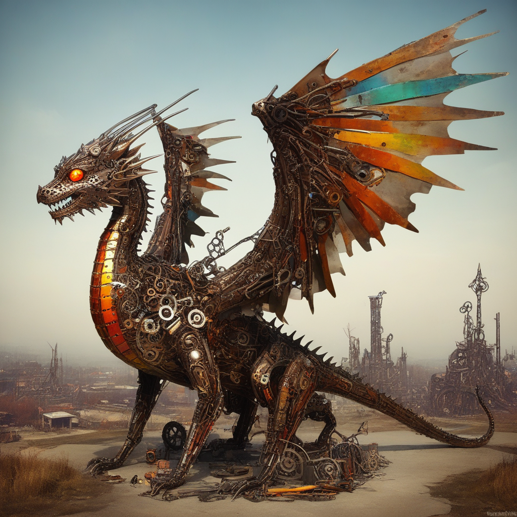 A majestic dragon crafted entirely from scrap metal and mechanical parts, soaring above a landscape composed entirely of junk and discarded machinery. Industrial wasteland, rusty metal, gears, wires, pipes, steam punk style, fiery eyes, metallic scales, intricate details, mechanical wings, post-apocalyptic setting, fantastical, high detail, digital art, vibrant colors, dynamic lighting, epic scale, towering presence, fantasy creature, high resolution, ready for print, commercial use, imaginative, surreal, imaginative, creative, artistic interpretation.
