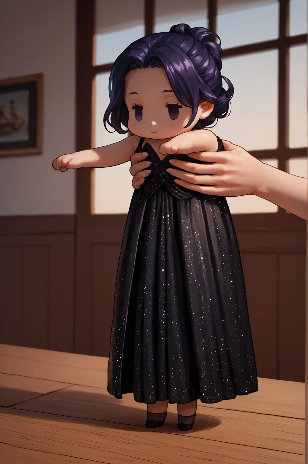 score_9, score_8_up, score_7_up, score_6_up, score_5_up, score_4_up, (high quality, detailed, beautiful) mauve_acca, evening_gown, <lora:MauvePony:0.3> <lora:LongCatMeme_XLPD:1.0> IncrsXLLCM, full body, chibi, holding person