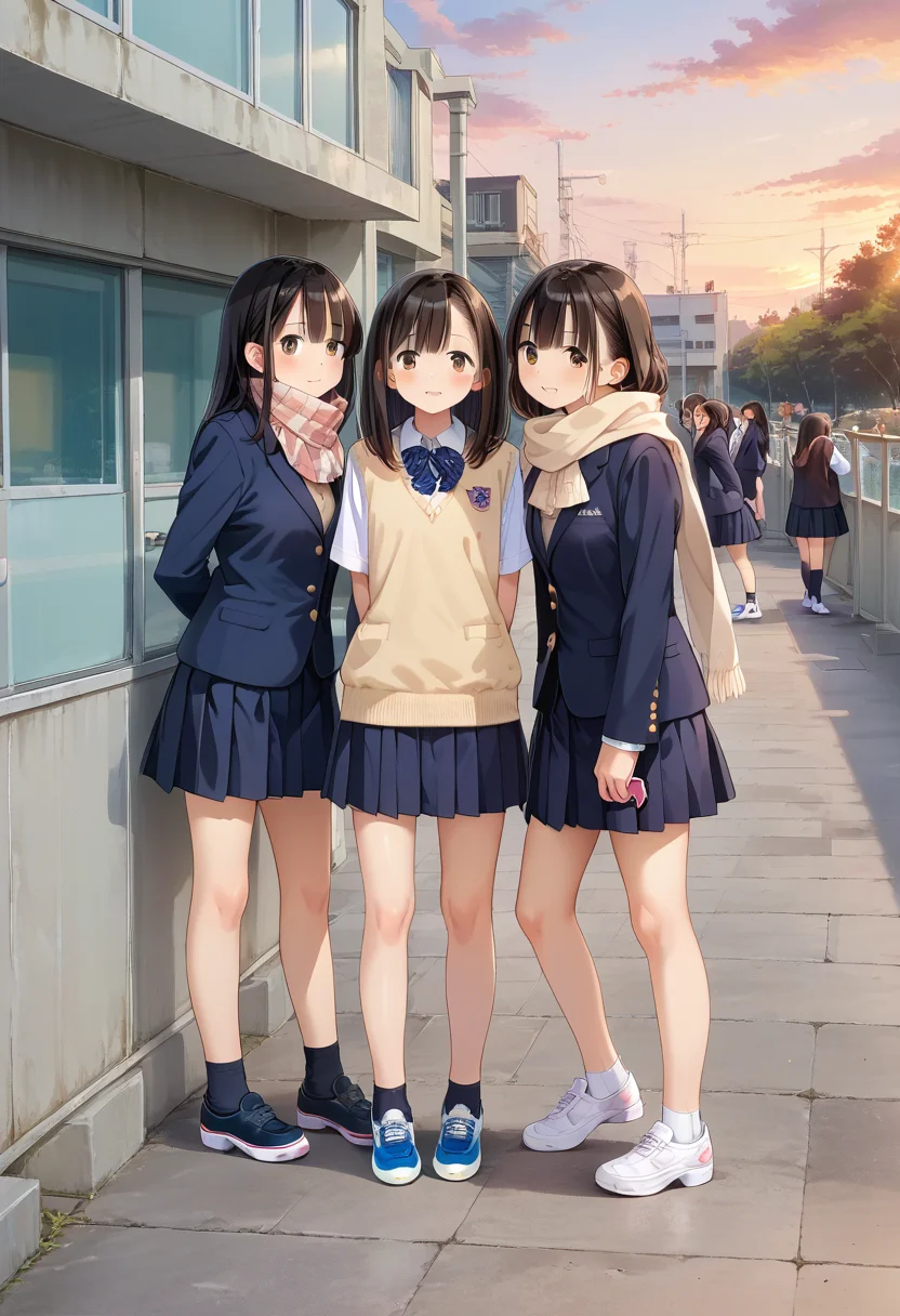 score_9, score_8_up, score_7_up, rating_safe, masterpiece, best quality, absurdres, unity 8k wallpaper, official art, official style, source_anime, uncensored, game cg, megami magazine,
okujyou, multiple girls, school uniform, 6+girls, skirt, black hair, brown hair, outdoors, phone, long hair, short hair, sweater vest, jacket, cellphone, scarf, shoes, sneakers, school, sky, blazer
<lora:gakkou_okujyo_PONY_V1:1>